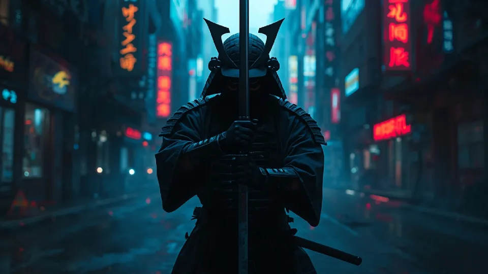 Dark samurai with sword in cyberpunk city